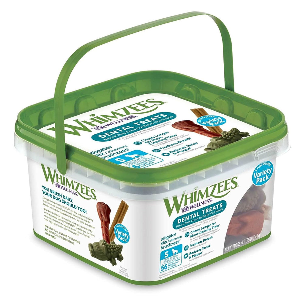 Whimzees Wellness para perros pequeños, masticables dentales que limpian dientes y refrescan el aliento.