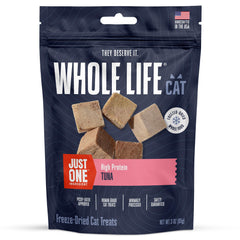 Whole Life Cat Just One Tuna Treats packaging shown, premium USA-made snack.