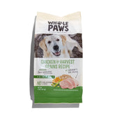 Whole Paws dry dog food bag featuring chicken and harvest grains for balanced nutrition