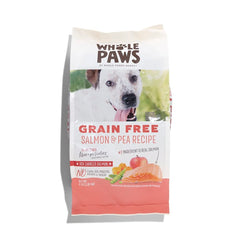 Whole Paws salmón sin granos e ingredientes clave para una dieta equilibrada.