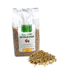Wholesome Harvest All Flock Feed: bolsa visible, alimento completo ideal para la alimentación diaria de aves.
