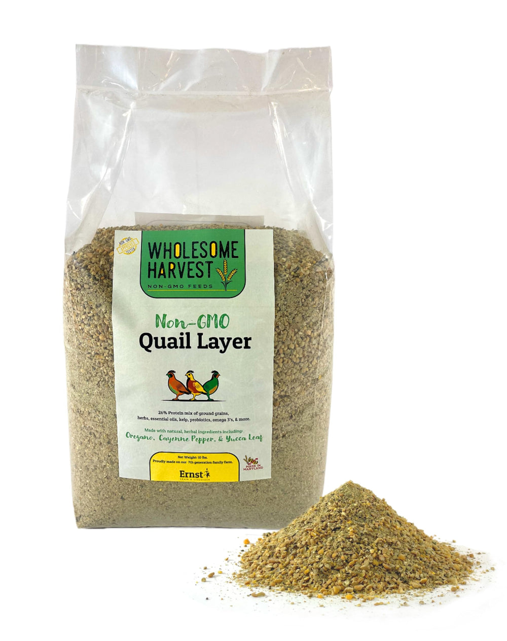 Envase de Wholesome Harvest Quail Layer Feed 26 para almacenamiento cómodo y fresco