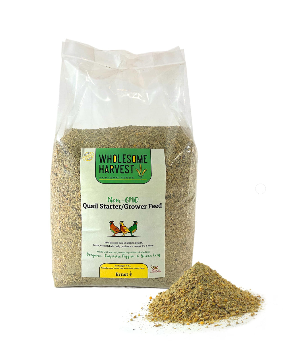 Wholesome Harvest alimento inicial para codornices, empaque frontal para fácil almacenamiento.