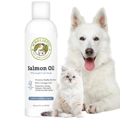 Wholistic Pet Organics aceite de salmón de Alaska, botella en primer plano para pelaje brillante