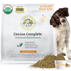 Wholistic Pet Organics Canine Complete, bote-dosificacion, apoyo nutricional diario para perros.