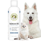 Wholistic Pet Organics Wild Salmon Oil botella mostrando etiqueta; apoyo potencial para piel y pelaje.