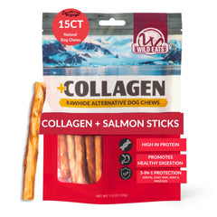 Wild Eats palitos de salmón con colágeno, empaque visible para perros que buscan snack duradero.