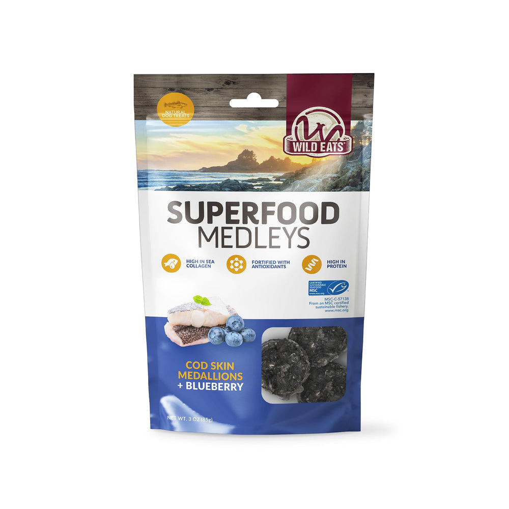 Wild Eats Piel de Bacalao: frente del envase, snack proteico para perros.
