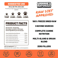 Winnie's Naturals Beef Organ Complex servido sobre comida mejora aceptación y sabor natural.