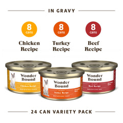 Wonder Bound Gourmet Gato en salsa res, 3oz, lata 24: nutrición completa para días activos.