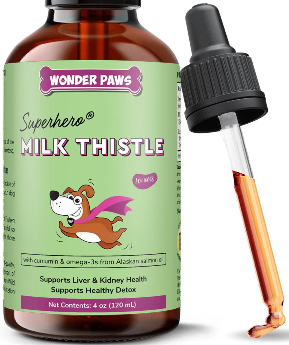 Wonder Paws cardo mariano: botella mostrada con gotas para apoyar la salud hepática