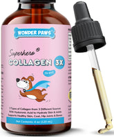 Wonder Paws Collagen para perros en botella con gotero para dosificación fácil.
