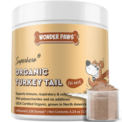 Wonder Paws hongo cola de pavo en envase, potencia inmunidad para perros.