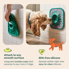 WOOF LickMat entorno de juego tranquilo con LickMix Bacon y Queso para perros.