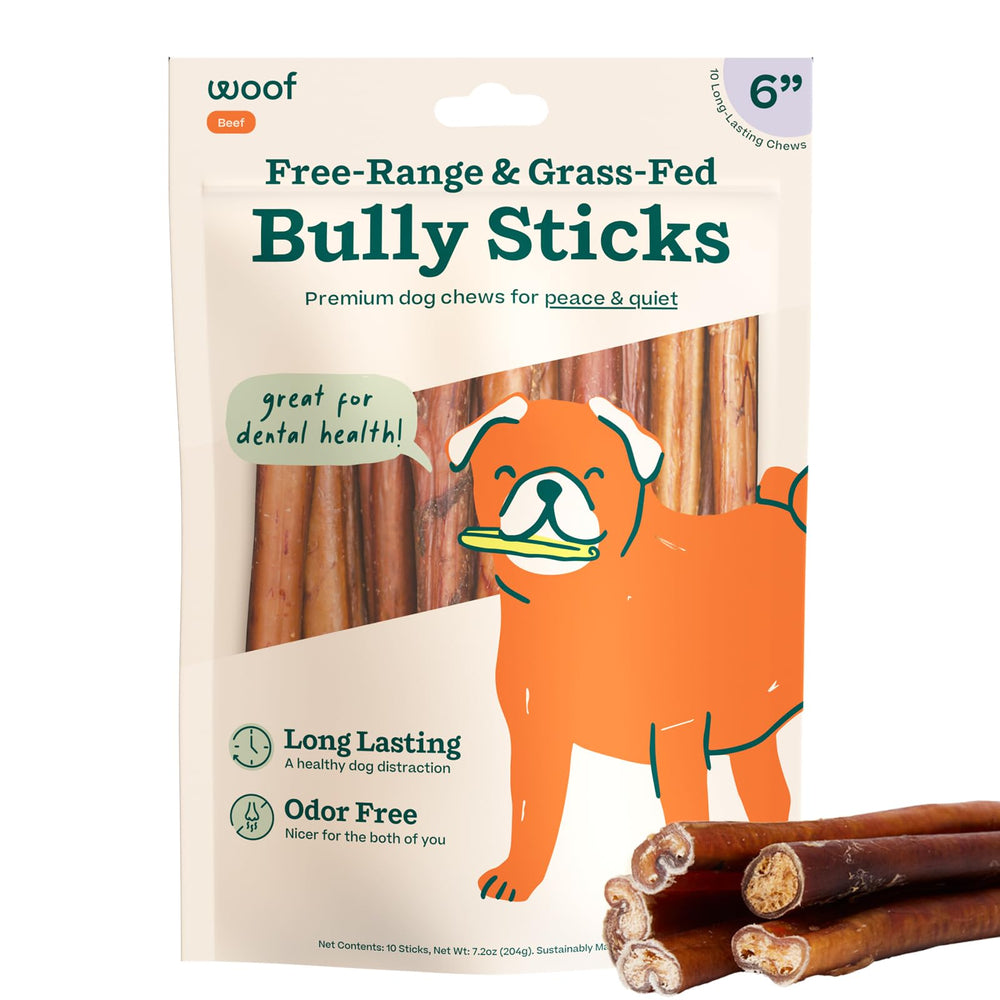 Palitos de res WOOF de larga duración en empaque, ideal para masticar y mantener ocupado al perro