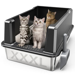 WoofiGo XXL caja de arena en acero inoxidable amplia para gatos grandes.