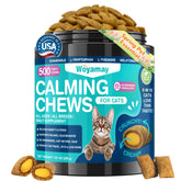 Golosinas calmantes Woyamay para gatos en botella, promoviendo bienestar diario.