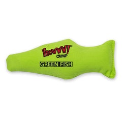 Pez verde Yeowww! con hierba gatera, vista frontal para juego y estimulación.