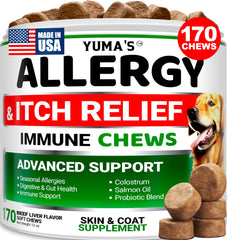 Golosinas YUMA'S para alergia en perros, frente al bote, alivio del picor.