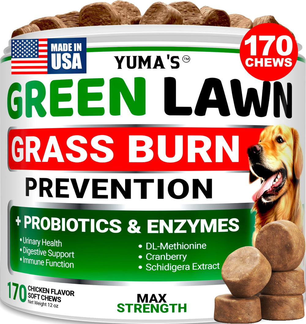 YUMA'S neutralizador de orina para perros, botella visible, mantiene el césped verde
