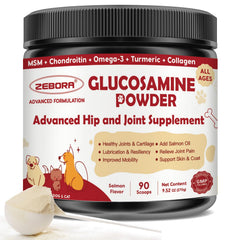 ZEBORA glucosamina para perros, frasco, soporte articular para movilidad diaria.