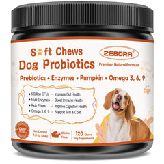 ZEBORA Probiotics for Dogs bottle showing six-in-one formula for gut health