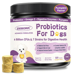 ZEBORA Probiotics para perros: envase con pastillas masticables liofilizadas.