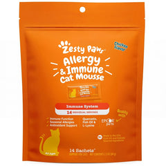 Zesty Paws Mousse Alergia e Inmunidad frente al envase, apoyo al sistema inmunitario felino.