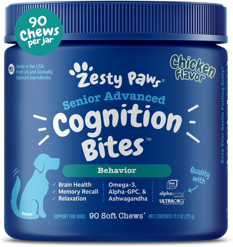Zesty Paws Avance Cognición en botella: apoyo potencial para mantener la atención de tu perro mayor.