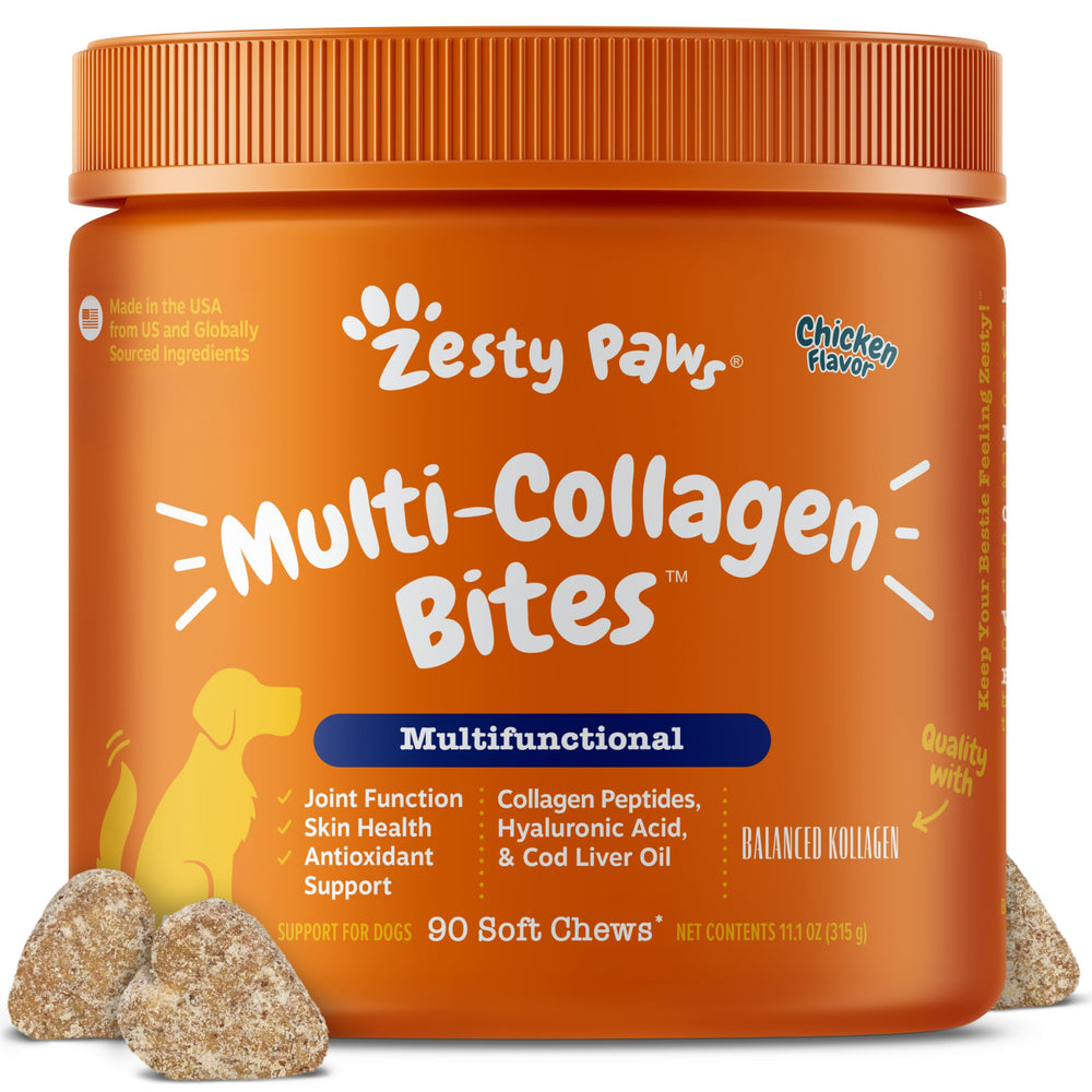 Zesty Paws Colágeno Múltiple para perros en envase, apoyo a articulaciones.