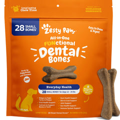 Zesty Paws Dental Bones con canela en empaque para aliento más fresco.