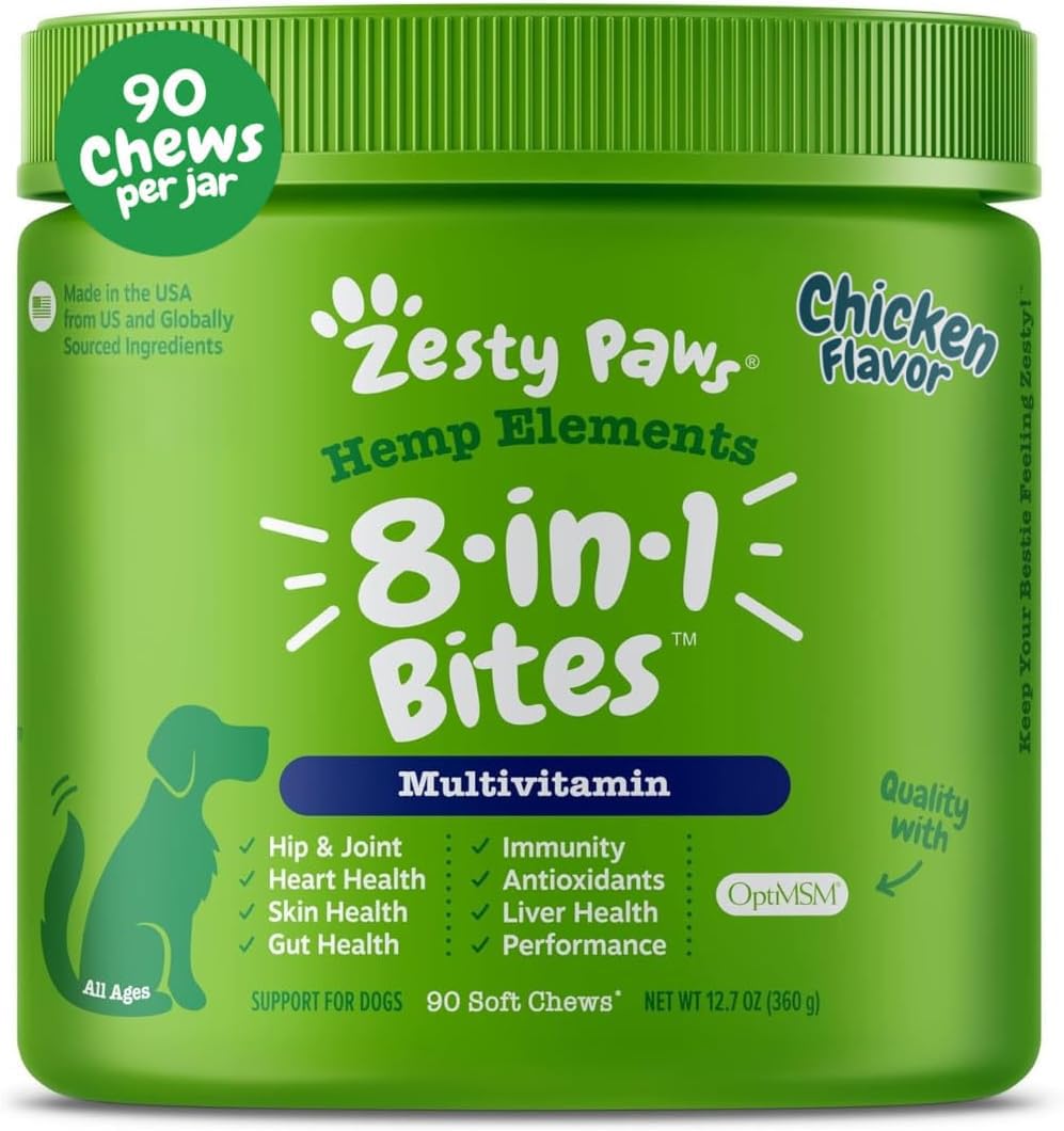 Zesty Paws 8 en 1 bocados para perros, empaque visible, soporte para la salud cardíaca.