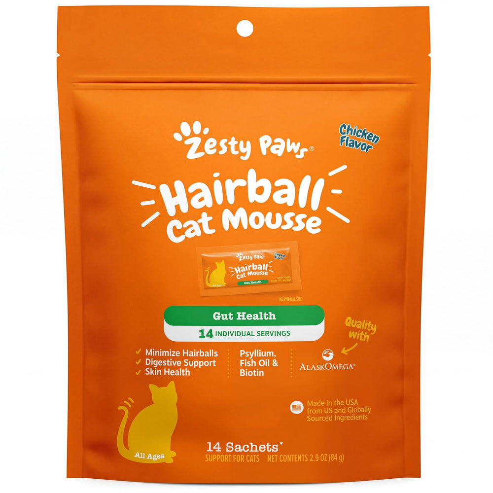 Zesty Paws Hairball Gato: tubo purée para lamido, apoyo digestivo suave y piel saludable.