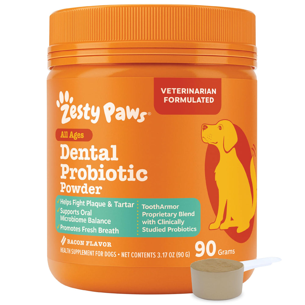 Zesty Paws Polvo Probiotico Dental para Perros frente: apoyo a la higiene bucal diaria.