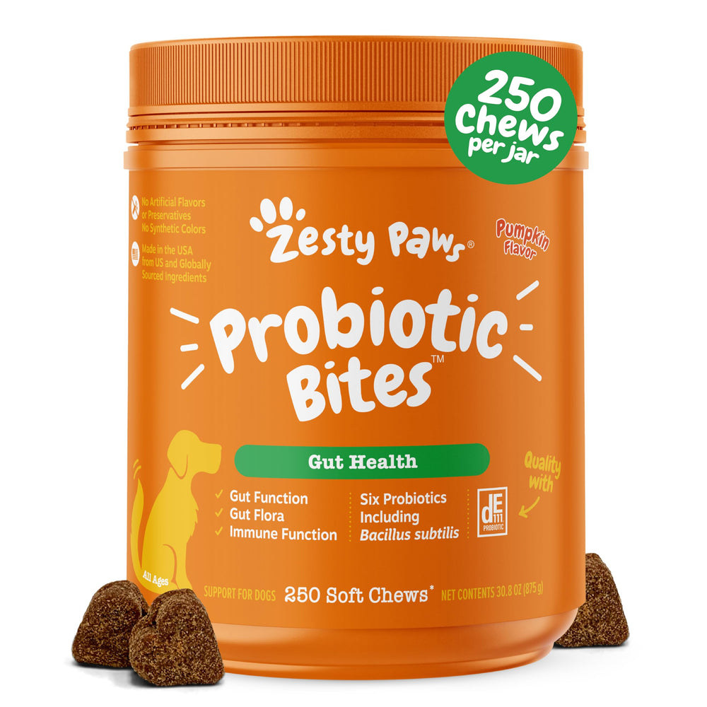 Zesty Paws Probiotics para perros, empaque visible, apoya la salud intestinal