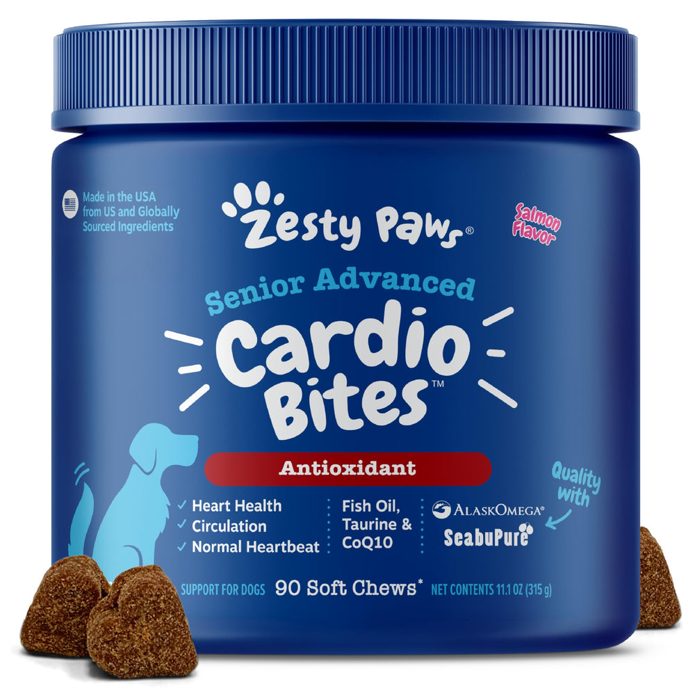 Zesty Paws Cardiovascular Senior, empaque, posible apoyo a la salud cardíaca de perros adultos.