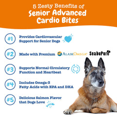 Zesty Paws Cardiovascular Senior, frente del producto, gomitas suaves con sabor agradable.