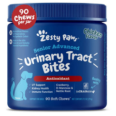 Zesty Paws Senior Cranberry, botella; soporte urinario para perros mayores.