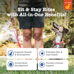 Premios sabor bacon de Zesty Paws para perros durante el entrenamiento.