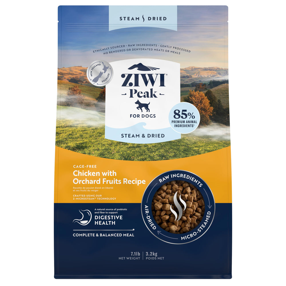 ZIWI Peak envase muestra pollo libre de jaula con frutas, ideal para todas las razas