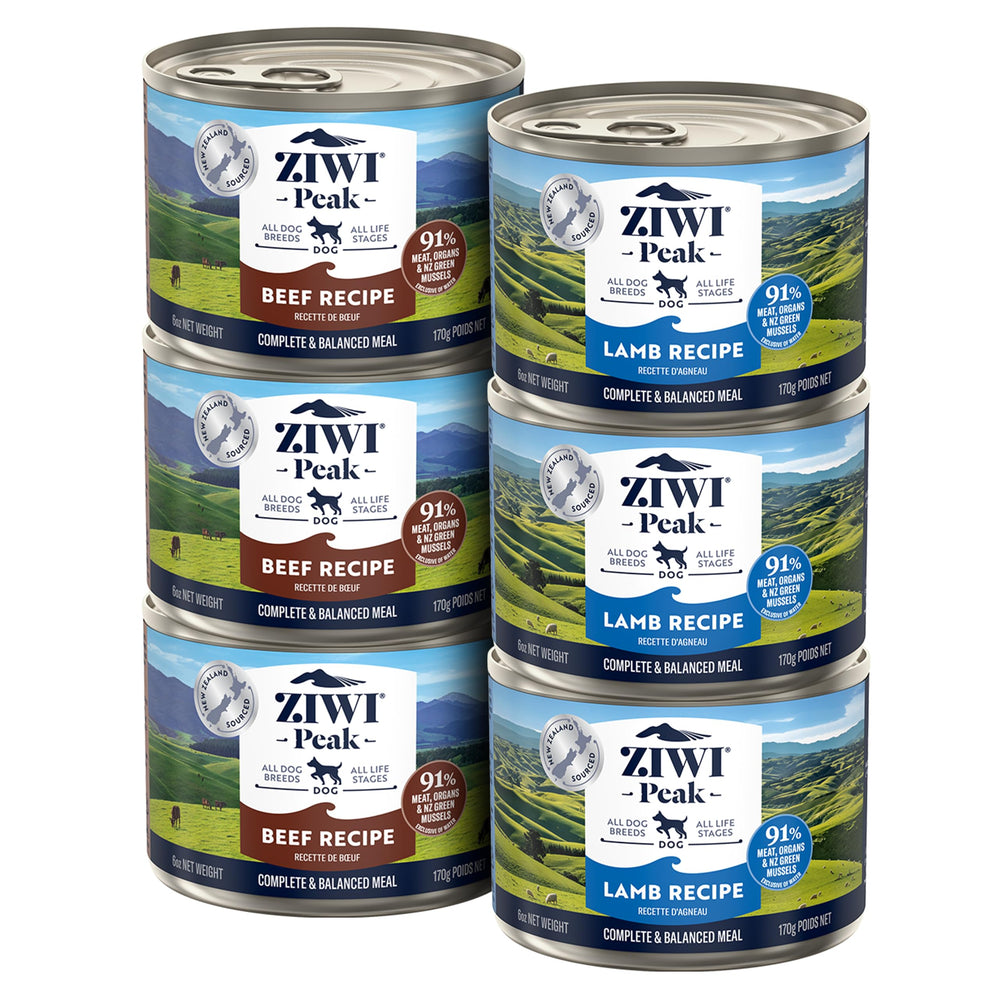 ZIWI Peak: lata de perro res y cordero abierta, comida húmeda de alta proteína.