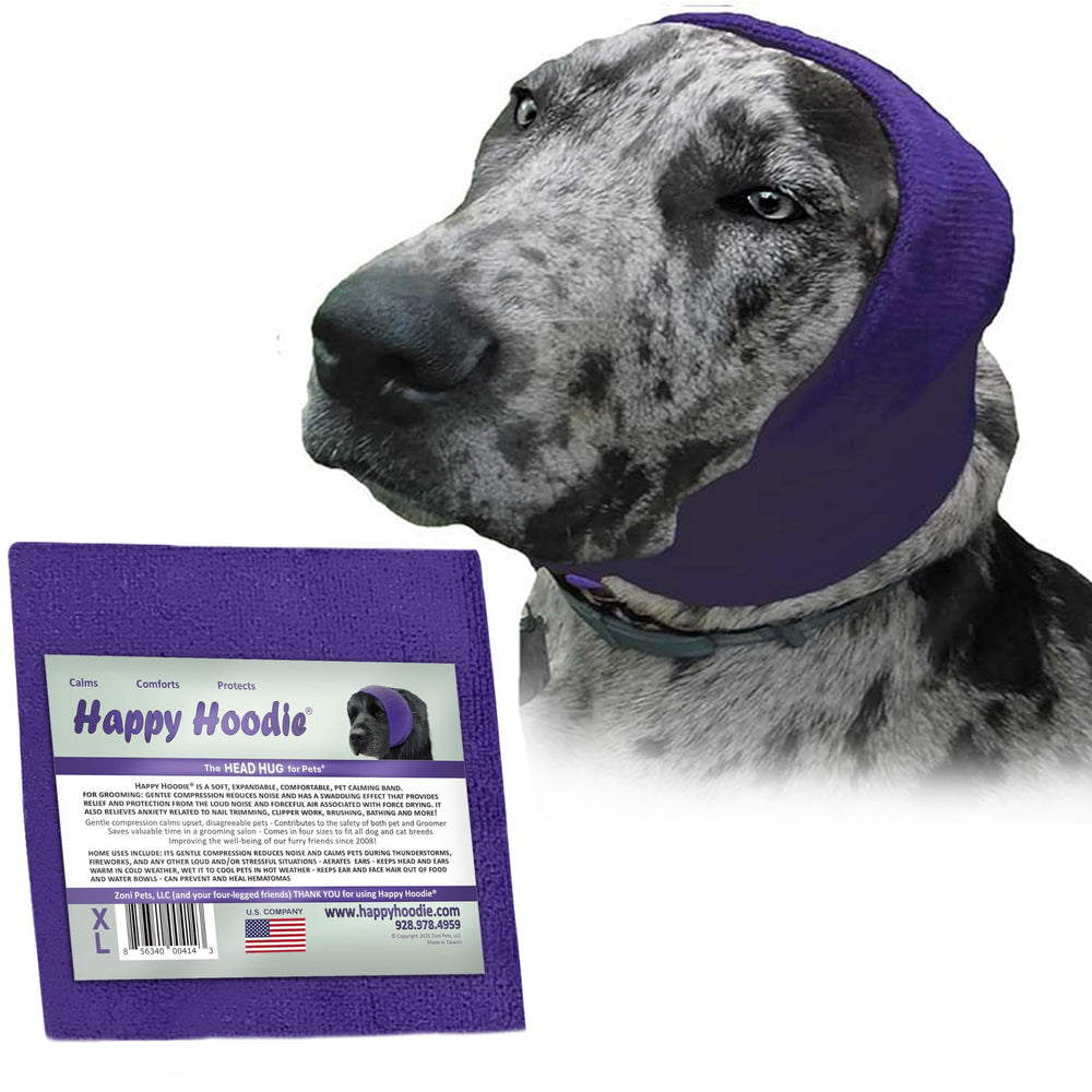 Happy Hoodie de ZONI PETS sur chien et chat, bande calme violette.