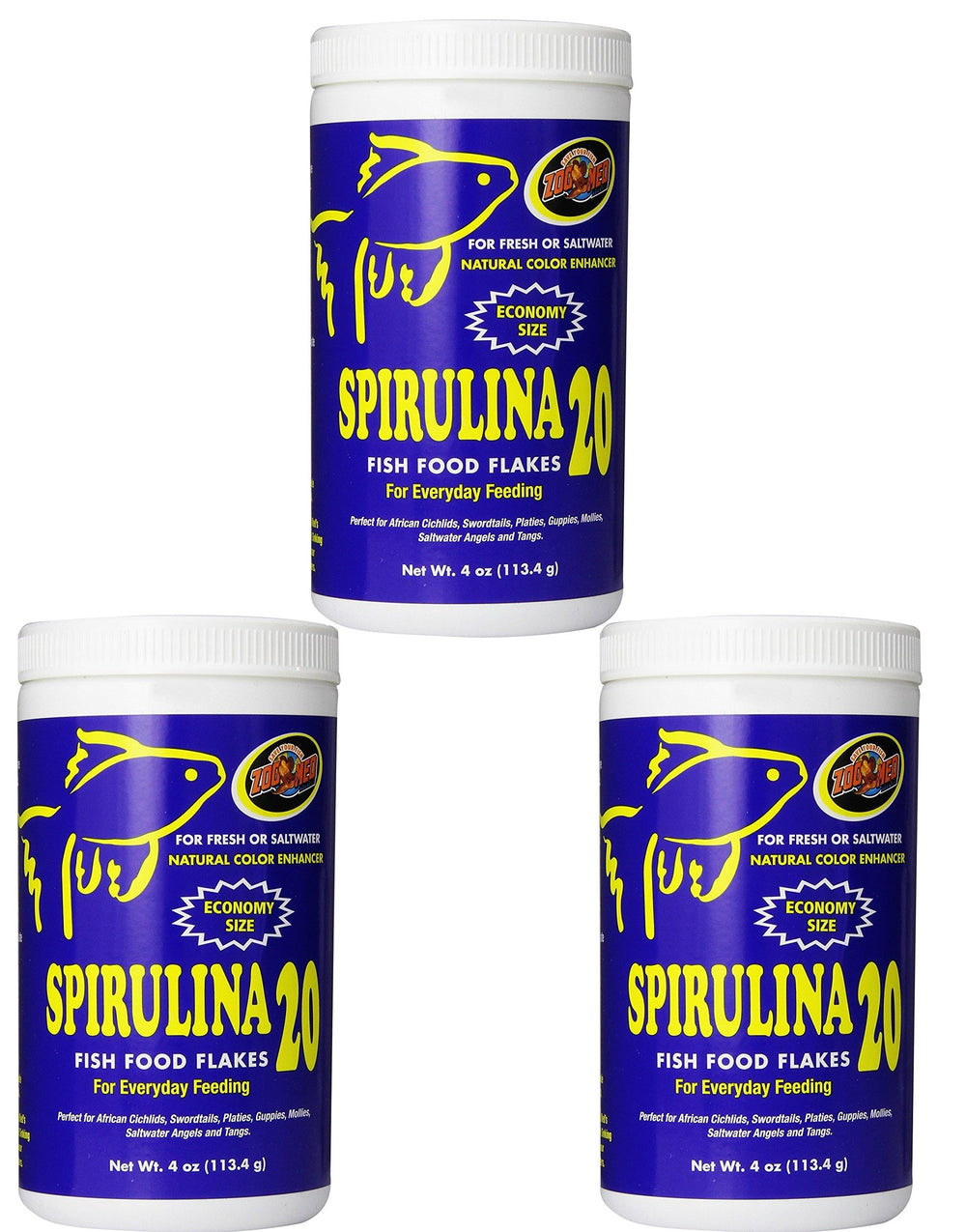 Zoo Med Spirulina 20 Escamas para peceras, empaque de tres frascos