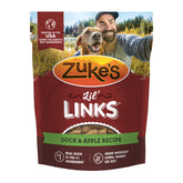 Frente del paquete de Zuke’s Lil’ Links con pato real y manzana, snack sabroso