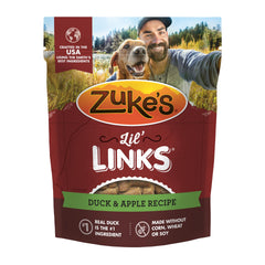 Frente del paquete de Zuke’s Lil’ Links con pato real y manzana, snack sabroso