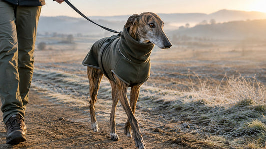 Galgo español atigrado con abrigo de cuello alto paseando por un camino de tierra en un campo castellano en una mañana de invierno