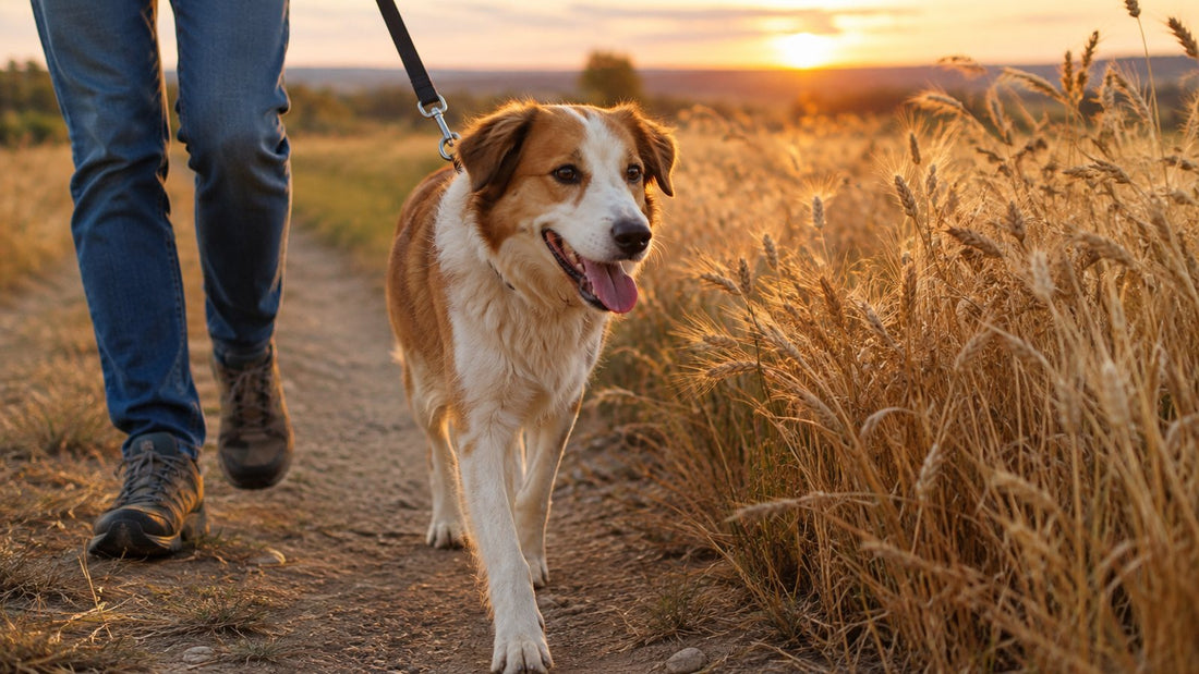 Perro paseando con correa al atardecer por un camino rural de Castilla junto a un campo de cereal seco con espigas