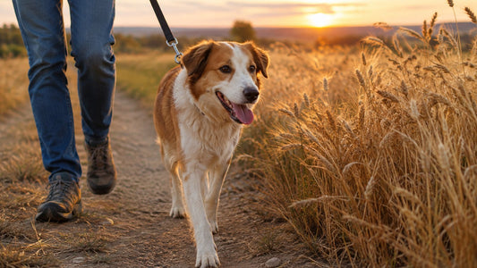 Perro paseando con correa al atardecer por un camino rural de Castilla junto a un campo de cereal seco con espigas