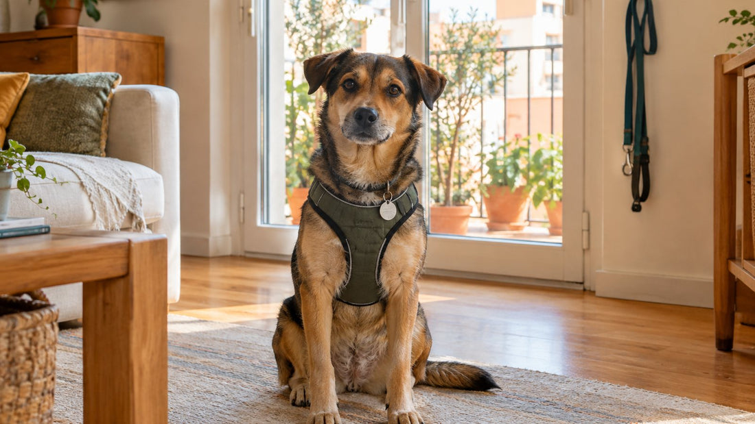 Perro mediano con arnés y placa identificativa sentado en el salón de un piso luminoso junto a la puerta de la terraza cerrada