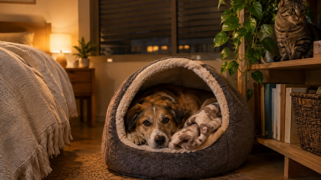 Perro mediano tumbado en una cama tipo cueva junto a un gato atigrado en un dormitorio con la persiana bajada por la noche